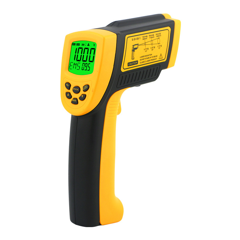 Портативен инфрачерен термометър AR862D+ — индустриално приложение, диапазон -50℃ до 1000℃, точност ±2℃/2%, резолюция 0.1℃, LCD дисплей, време за реакция 500 ms