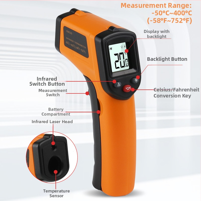 Infračervený teplomer, ručný, priemyselné použitie v kuchyni, rozsah -50 °C až 400 °C