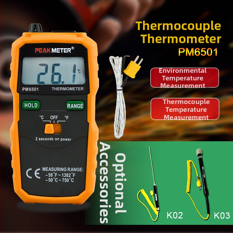 PEAKMETER PM6501 termometar s termoparom, industrijski kontaktni termometar, digitalni zaslon, visoka preciznost, -50…600 °C, točnost ±0.5%+1 °C, rezolucija 0.1 °C