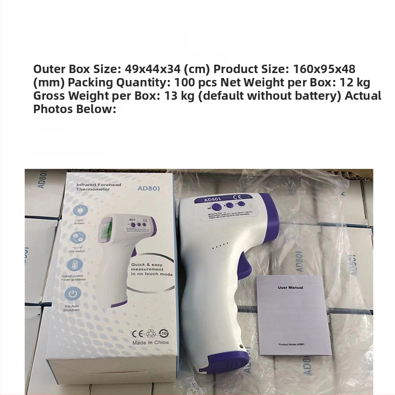 Čelový infračervený teplomer AD801, rýchle meranie teploty, trojfarebná spätná svetelná signalizácia, upozornenie na vysokú teplotu, rozmery 149×77×43 mm, hmotnosť 130 g, kapacita batérie 600