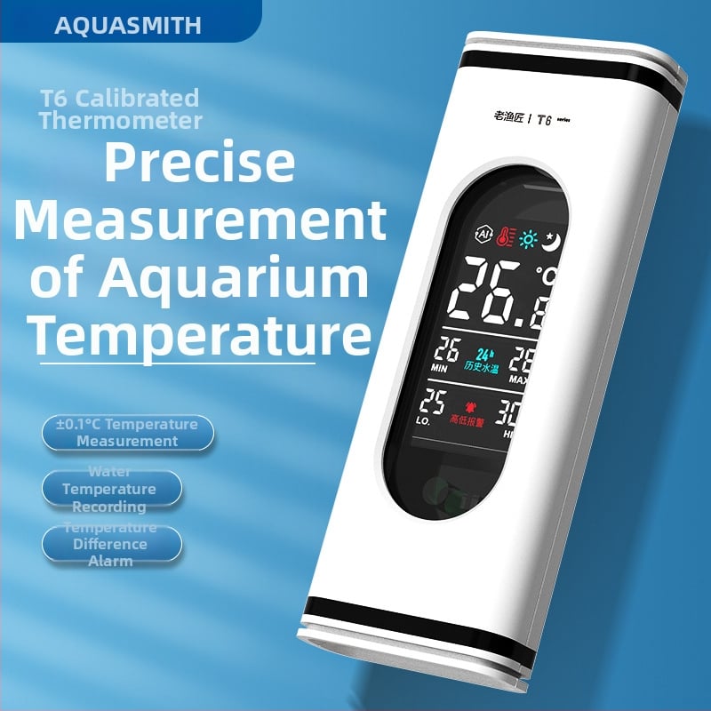 Akvarisztikus hőmérő valós idejű kijelzővel, 24 órás hőmérséklet-naplóval, magas/alacsony hőmérséklet riasztásokkal, AI üzemmód éjszakai fény, vízálló szenzor