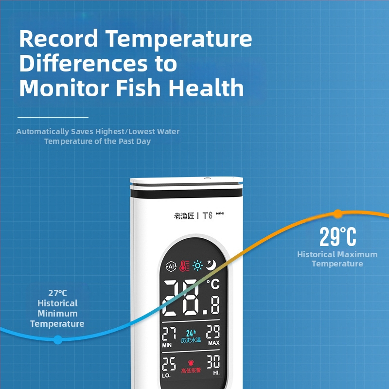 Akvarisztikus hőmérő valós idejű kijelzővel, 24 órás hőmérséklet-naplóval, magas/alacsony hőmérséklet riasztásokkal, AI üzemmód éjszakai fény, vízálló szenzor