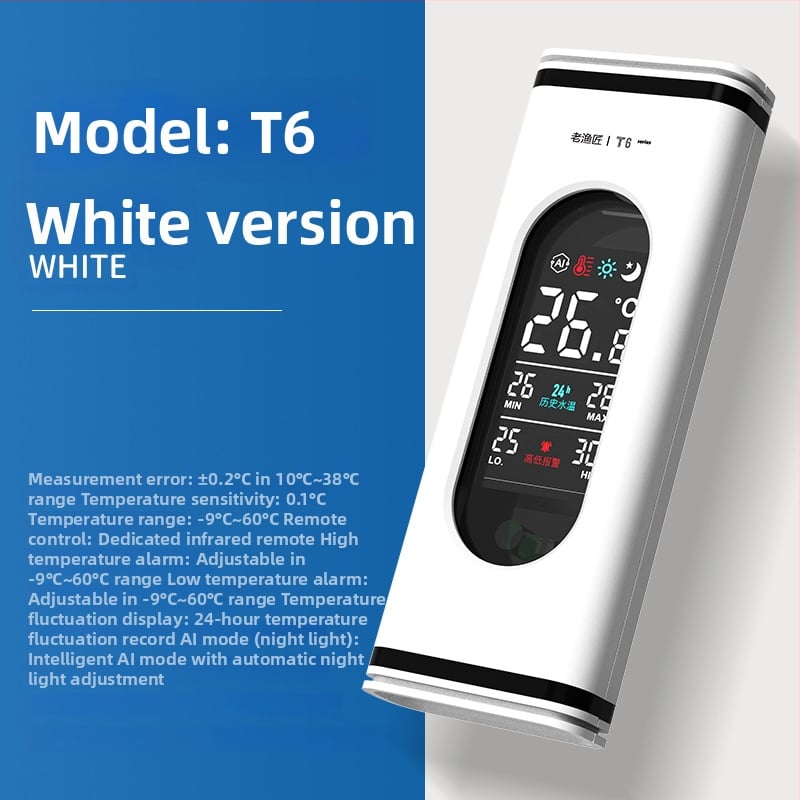 Akvarisztikus hőmérő valós idejű kijelzővel, 24 órás hőmérséklet-naplóval, magas/alacsony hőmérséklet riasztásokkal, AI üzemmód éjszakai fény, vízálló szenzor