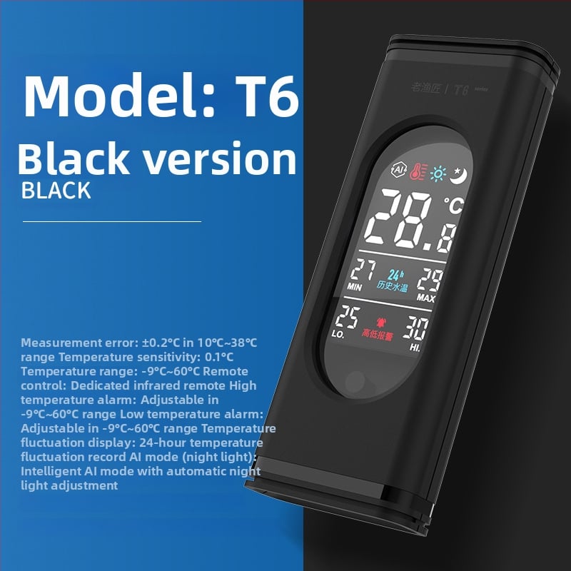 Akvarisztikus hőmérő valós idejű kijelzővel, 24 órás hőmérséklet-naplóval, magas/alacsony hőmérséklet riasztásokkal, AI üzemmód éjszakai fény, vízálló szenzor