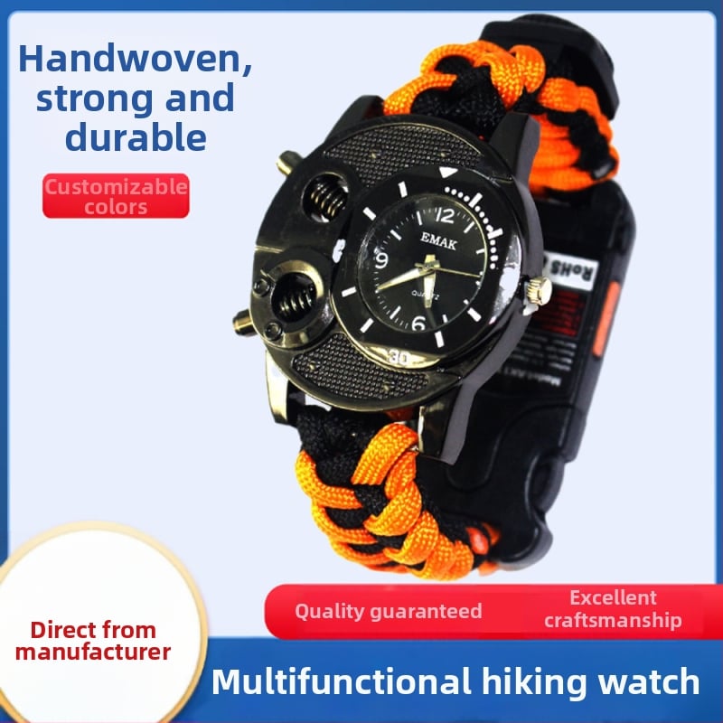 EMAK Outdoor Survival Πολυλειτουργικός Ρολόγι με Πλεγμένο Λουρί Από Σχοινί Ομπρέλας — Μοντέλο EM-134-02, Λειτουργίες: Ώρα, Πυξίδα, Θερμόμετρο, Υπέρυθρη Ακτινοβολία, Φακός