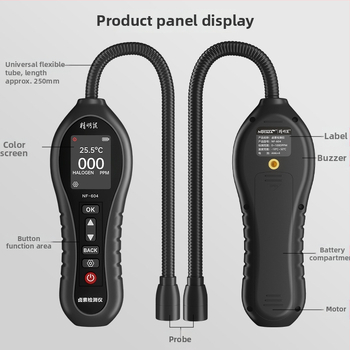 NF-604 Detektor úniku chladiacej látky pre klimatizáciu – rozsah 0–1000 ppm, presnosť 1 ppm, deteguje HCFCs (R22/R32/R123/R124/R141b/R142b/R402a/R4); napájanie 4× AAA batérií