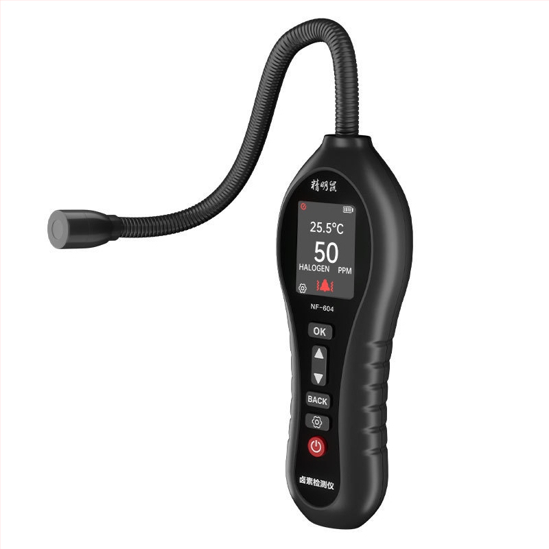 NF-604 Detektor úniku chladiacej látky pre klimatizáciu – rozsah 0–1000 ppm, presnosť 1 ppm, deteguje HCFCs (R22/R32/R123/R124/R141b/R142b/R402a/R4); napájanie 4× AAA batérií