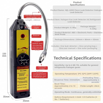 WJL-6000 Prenosný halogénový detektor únikov pre chladivá, výbušne odolný, rozsah merania 2–10, presnosť 6 g/rok, napájanie 5 V