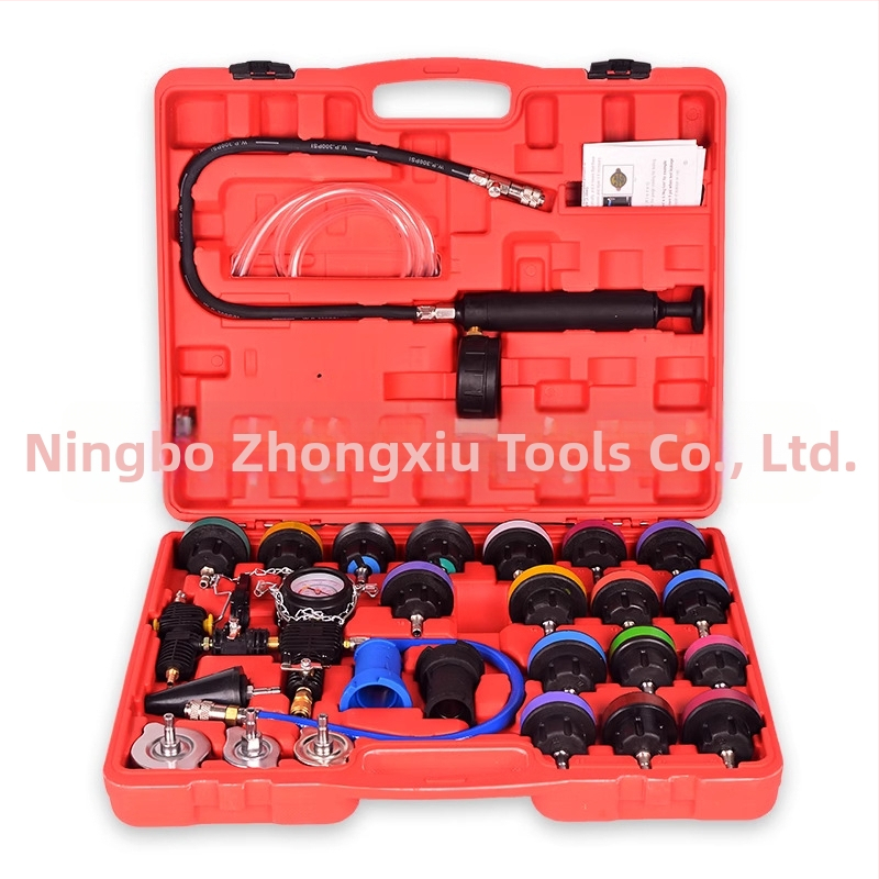 Autóhűtőrendszer nyomás- és szivárgásdetektáló készlet, nylonból készült, 28 részes, gépjármű javításához, vákuumnyomásmérővel