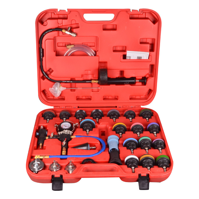 Autóhűtőrendszer nyomás- és szivárgásdetektáló készlet, nylonból készült, 28 részes, gépjármű javításához, vákuumnyomásmérővel