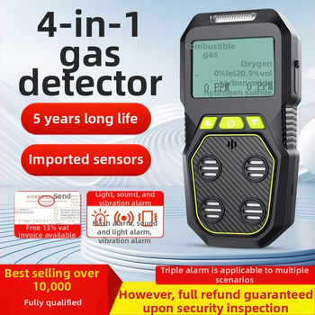 4-az-1-ben gázdetektor – hordozható, CO, O2, toxikus és gyúlékony gázok riasztó