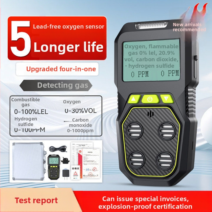 4-az-1-ben gázdetektor – hordozható, CO, O2, toxikus és gyúlékony gázok riasztó