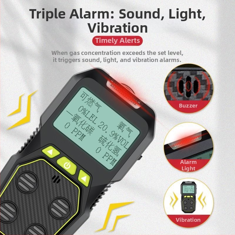 4-az-1-ben gázdetektor – hordozható, CO, O2, toxikus és gyúlékony gázok riasztó