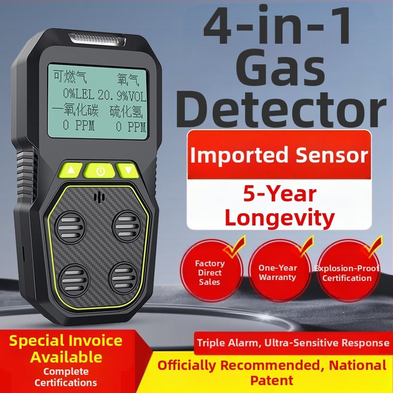 4-az-1-ben gázdetektor – hordozható, CO, O2, toxikus és gyúlékony gázok riasztó