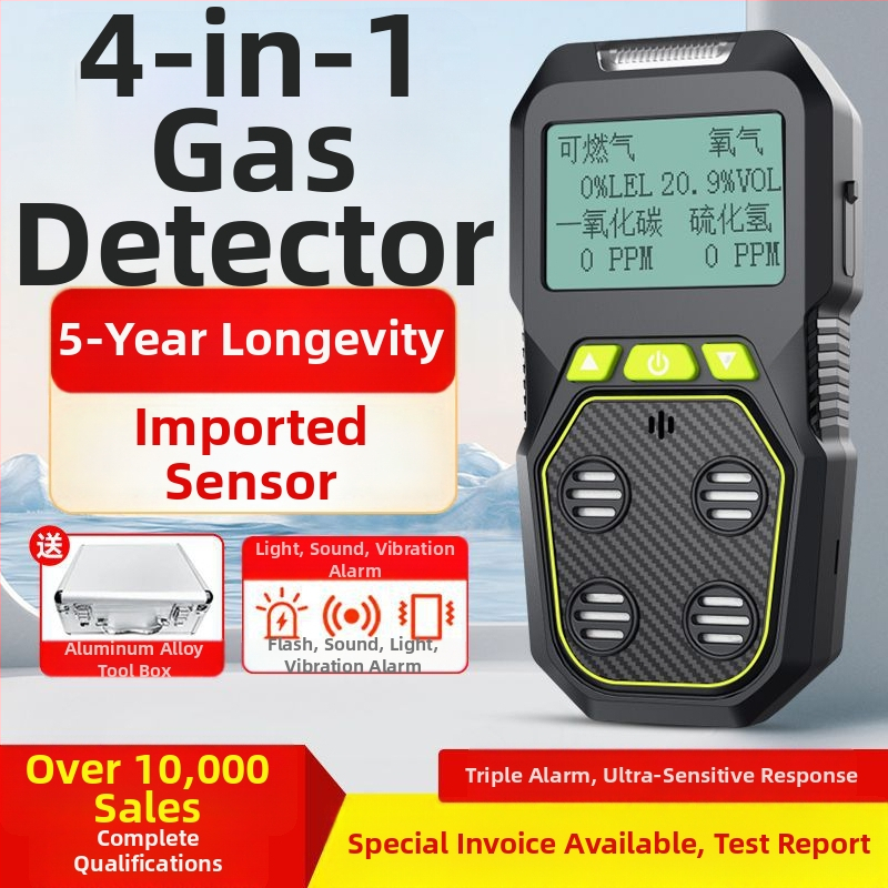 4-az-1-ben gázdetektor – hordozható, CO, O2, toxikus és gyúlékony gázok riasztó