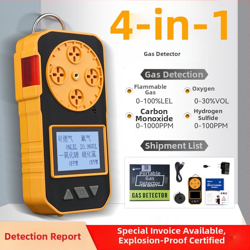 4-az-1-ben gázdetektor – hordozható, CO, O2, toxikus és gyúlékony gázok riasztó