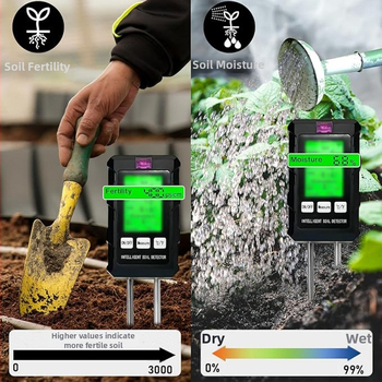 Tester tla – šest u jednom: mjeri temperaturu tla, vlagu, pH, svjetlo i plodnost; model: Six-in-One Soil Detector, težina 116 g