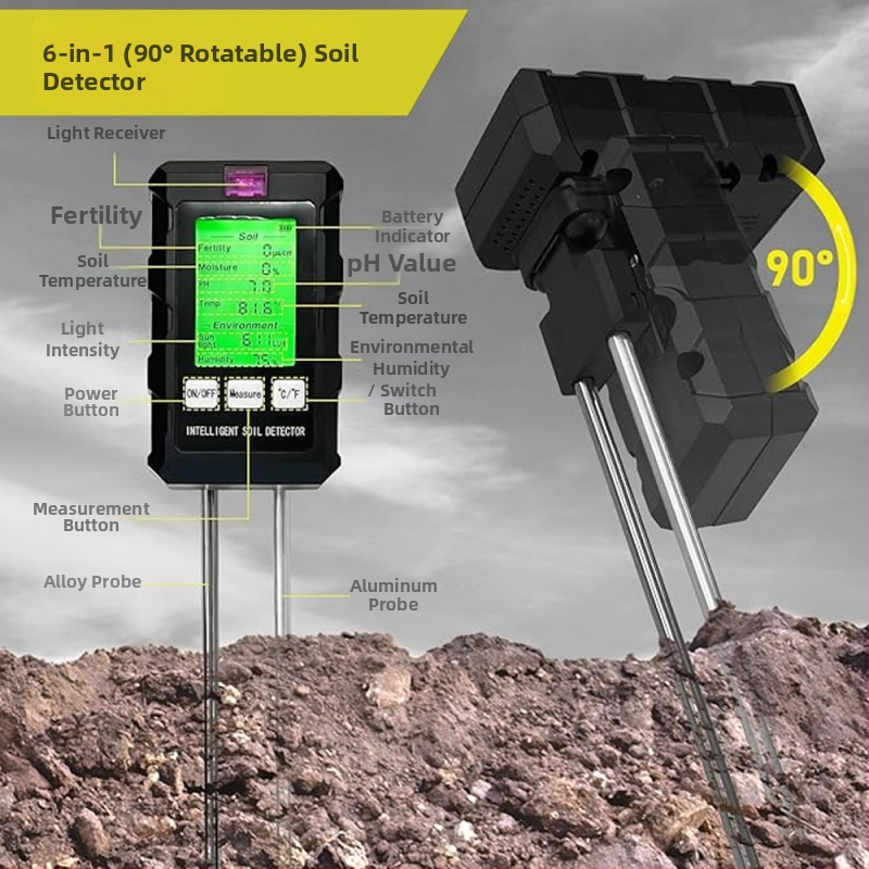 Tester tla – šest u jednom: mjeri temperaturu tla, vlagu, pH, svjetlo i plodnost; model: Six-in-One Soil Detector, težina 116 g
