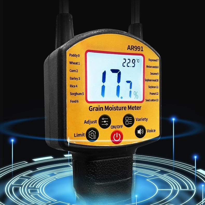 AR991 Gabona nedvességmérő — rizs, kukorica, búza, szója számára; intelligens és pontos, mérési tartomány 5–51%, ismételhetőség 0,2%