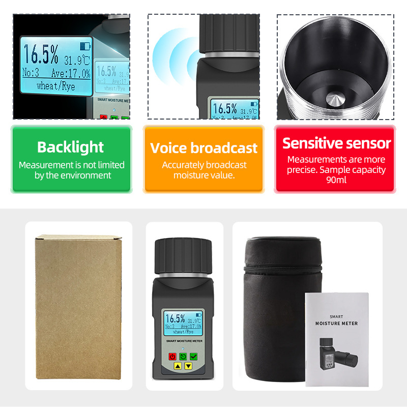 Higrometru pentru cereale, tip cup, portabil MT-pro de la Lujun, interval de măsură 6–36%, repetabilitate 0,2%, pentru porumb, soia și boabe de cafea