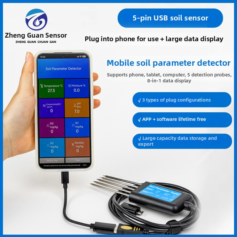 USB osem v jednom senzor pôdy: vodivosť, teplota, vlhkosť, obsah vody, NPK a pH merač