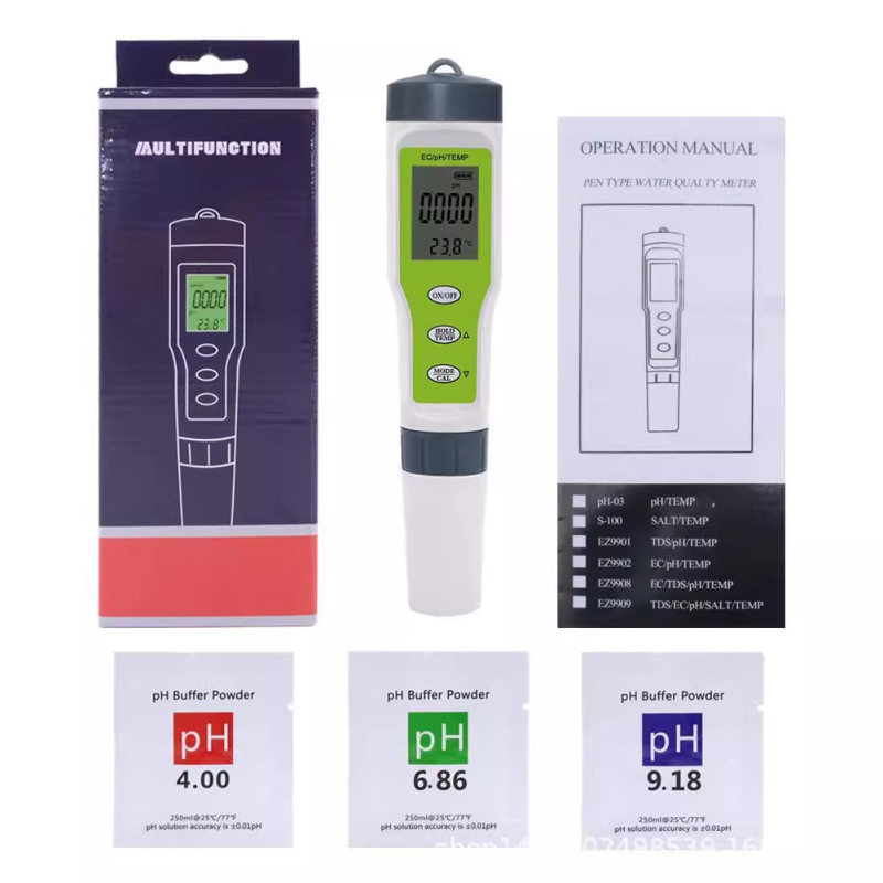 Prijenosni pH i EC mjerač EZ9902 s LCD – raspon pH 0–14; EC 0–19990 μS; točnost 0,01; elektroda: staklena elektroda, titanij spoj; napajanje 3×1,5V; radna temperatura 0–60°C