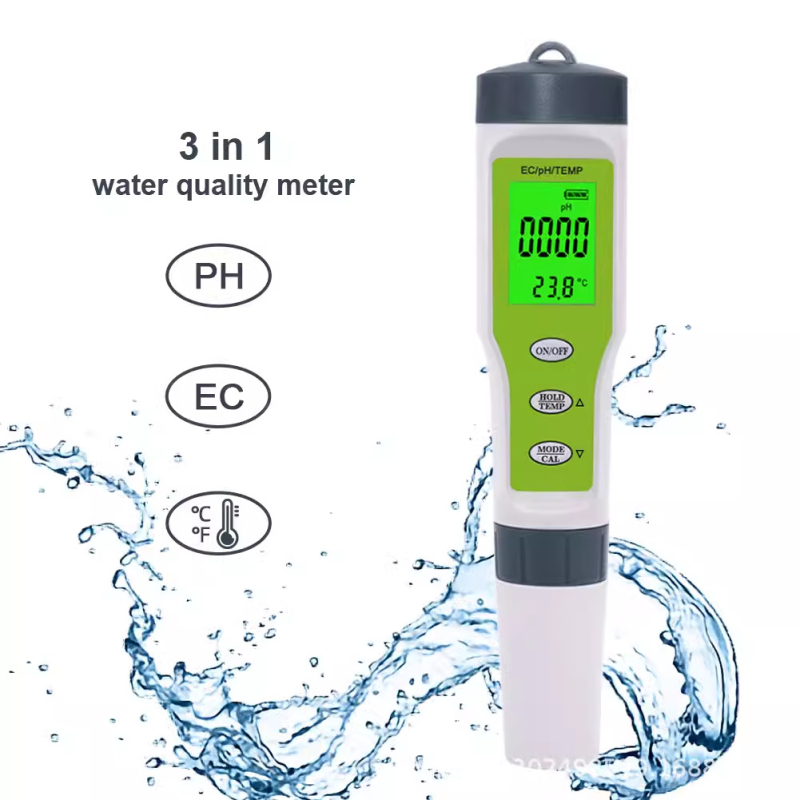 Prijenosni pH i EC mjerač EZ9902 s LCD – raspon pH 0–14; EC 0–19990 μS; točnost 0,01; elektroda: staklena elektroda, titanij spoj; napajanje 3×1,5V; radna temperatura 0–60°C