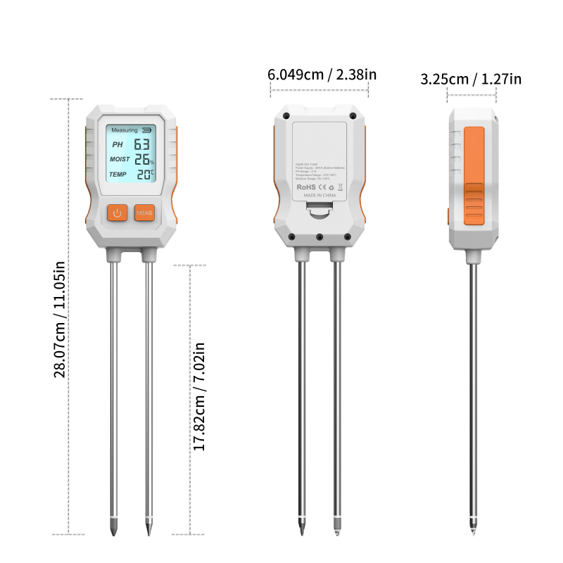 Tlo mjerač SGS12 s mjerenjem pH i vlage, model SGS12, točnost pH ±0,5, vlaga ±10%, težina 118 g