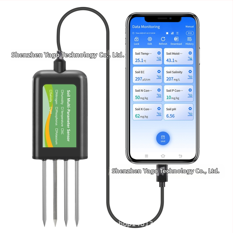 Talajvizsgáló, 8-az-1-ben: NPK, só, hőmérséklet, páratartalom, EC és pH; USB-kapcsolat; modell The01888s (súly 200 g)