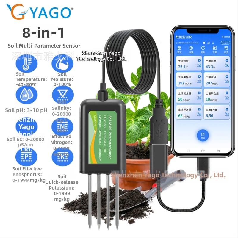 Talajvizsgáló, 8-az-1-ben: NPK, só, hőmérséklet, páratartalom, EC és pH; USB-kapcsolat; modell The01888s (súly 200 g)