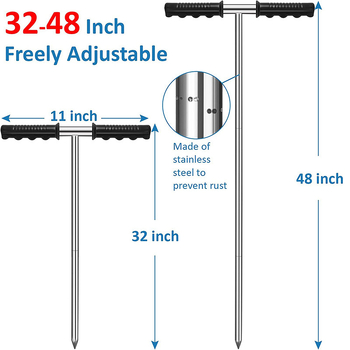 Rozsdamentes acél talajzonda állítható T-karos fogantyúval és földelő rúddal – udvar, kert, gyep