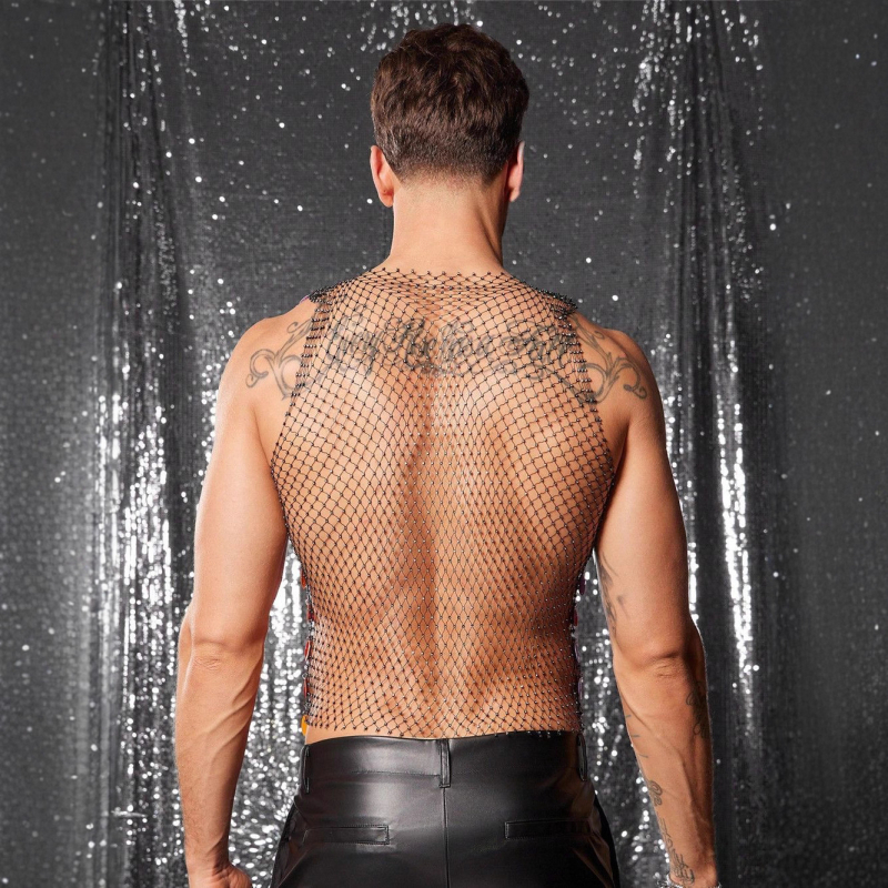 Korea stiilis sädelev võrguvest, varrukateta, vaba lõige, polüesterkangas, kolaaži detailid, suvi 2025