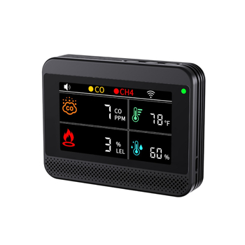 Sanxie A1 4‑in‑1 gázriasztó és szénmonoxid‑érzékelő hőmérséklet‑ és páratartalom mérővel, DC5V, 0–999 ppm, pontosság ±5%