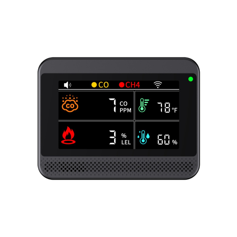 Sanxie A1 4‑in‑1 gázriasztó és szénmonoxid‑érzékelő hőmérséklet‑ és páratartalom mérővel, DC5V, 0–999 ppm, pontosság ±5%