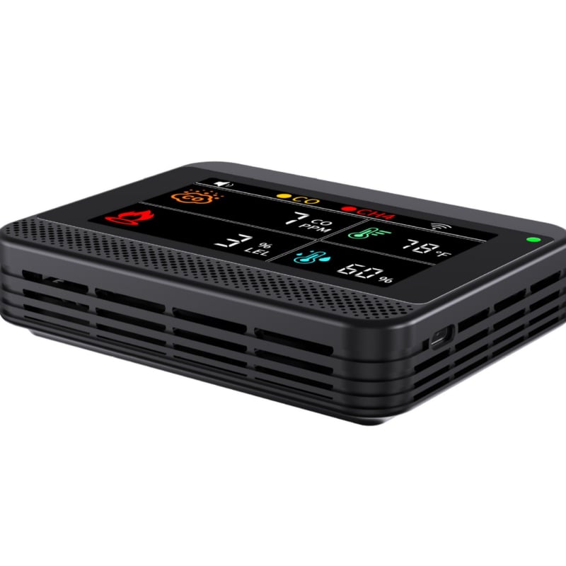 Sanxie A1 4‑in‑1 gázriasztó és szénmonoxid‑érzékelő hőmérséklet‑ és páratartalom mérővel, DC5V, 0–999 ppm, pontosság ±5%