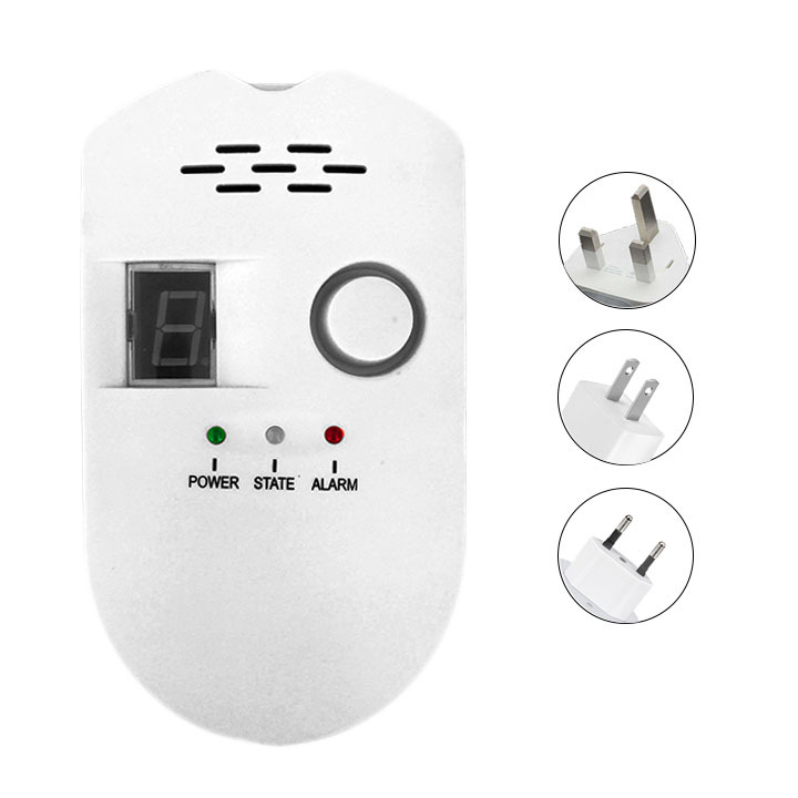 Alarmă de gaz cu priză triunghi Britanic standard BRJ-502, 110–240 V, detecție 360°, acoperire 20 m², -10…+50 °C