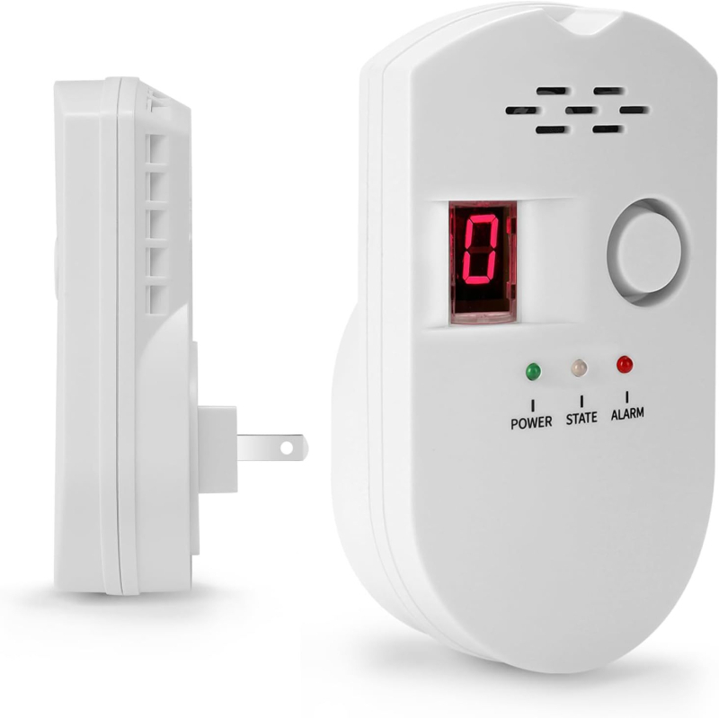 Alarmă de gaz cu priză triunghi Britanic standard BRJ-502, 110–240 V, detecție 360°, acoperire 20 m², -10…+50 °C