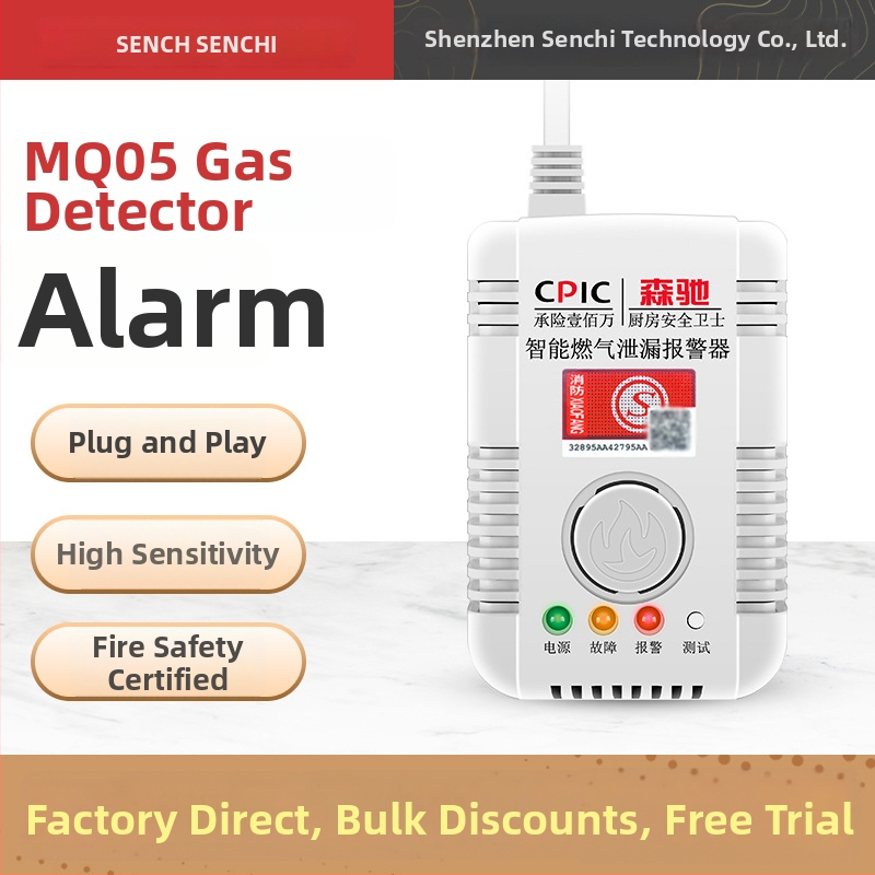 Domový detektor úniku plynu, model SC-MQ05, nástenná montáž, AC 220V, 360° detekcia, káblová komunikácia