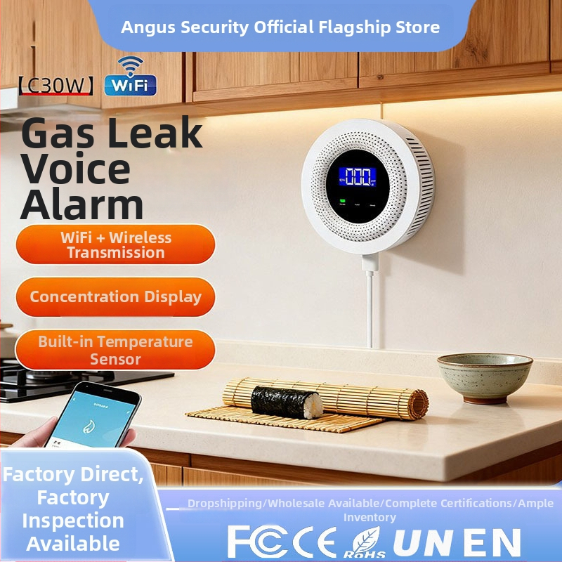 WiFi alarm CO a plynu, 360° detekcia, 5V napájanie, bezdrôtové 433MHz, nástenná montáž s upozorneniami v aplikácii