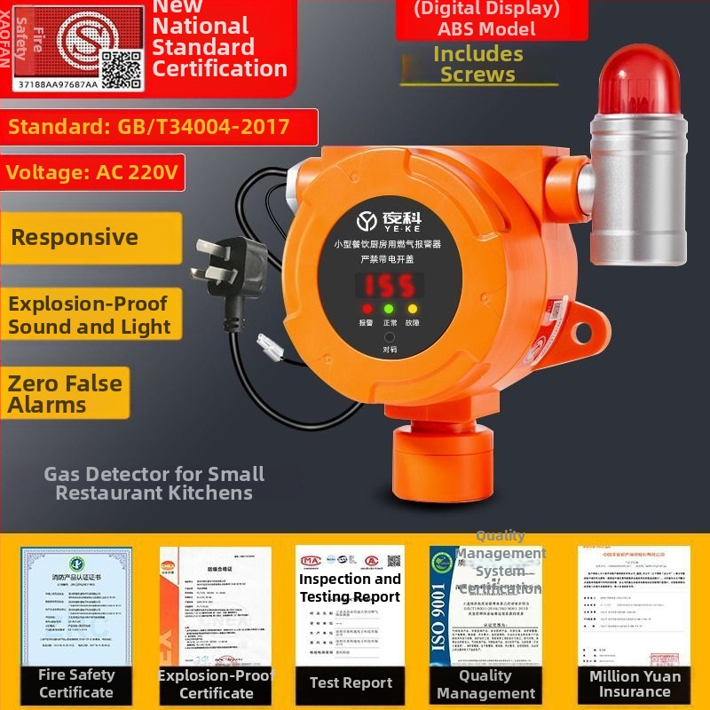 Prenosný detektor úniku plynu s alarmom a uzatváracím ventilom pre horľavé plyny – rozsah merania 20% LEL, presnosť ±3% LEL, 220V napájanie cez zásuvku