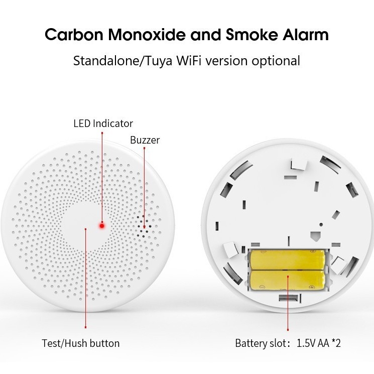 CS01W Detector fără fir de fum și CO, detectare la 360°, alarmă sonoră și luminoasă, alimentare cu baterie AA 1,5V