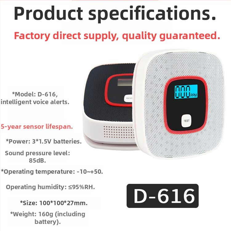 Domáci detektor oxidu uhoľnatého, bezdrôtový CO detektor, model D-616, 180° detekcia, hlasové a svetelné upozornenie, na stenu