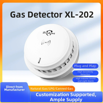 Gásový alarm XL-202 pre zemný plyn a LPG, 360° detekcia, montáž na strop, káblové pripojenie, napájanie 12VDC–220VAC, zvukovo-svetelný alarm