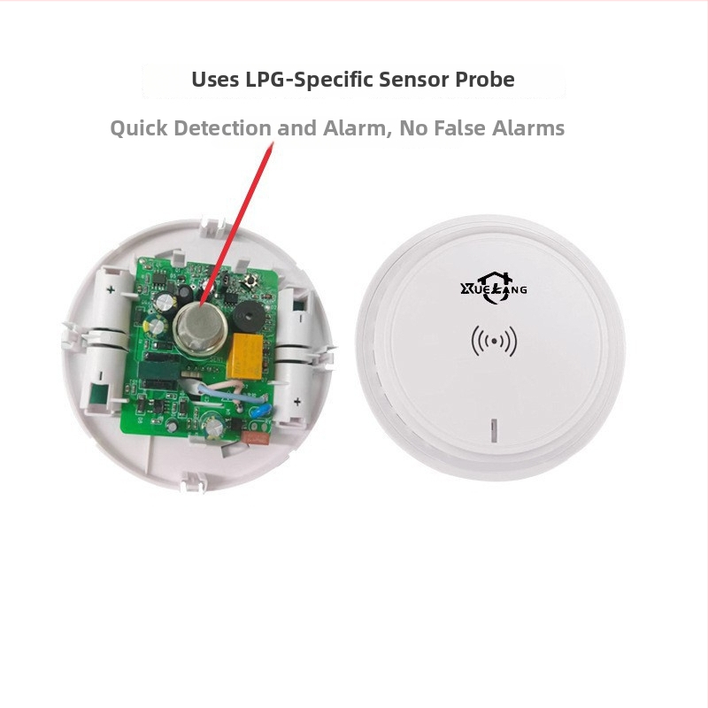 Gásový alarm XL-202 pre zemný plyn a LPG, 360° detekcia, montáž na strop, káblové pripojenie, napájanie 12VDC–220VAC, zvukovo-svetelný alarm