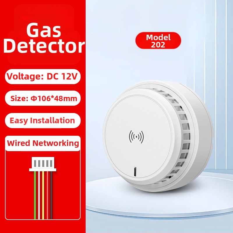 Domový detektor plynového alarmu, stropný montáž, sieťový, 12V, 360° detekcia, dosah 20–30 m, zvukovo-svetelný alarm, HC-202