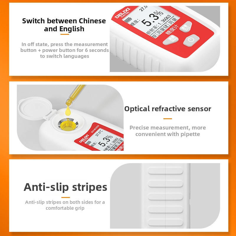 Delixi ručný merací prístroj na koncentráciu cukru pre ovocie a cukrové roztoky, rozlíšenie 0.1, presnosť ±0.2%