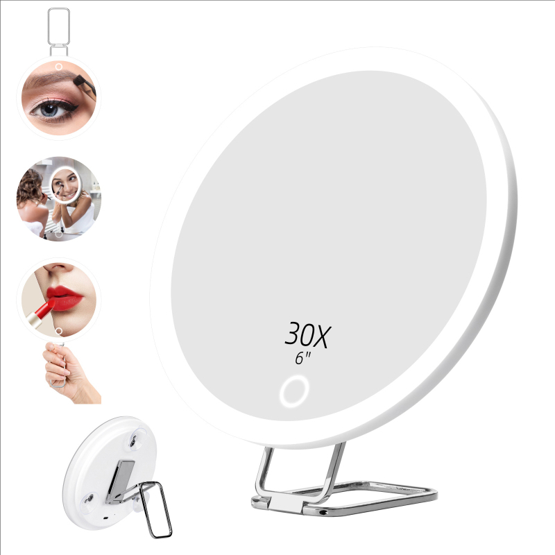 15 cm átmérőjű LED sminktükör, 20x/30x nagyítás, vákuumcsészés alap, forgó kar, újratölthető