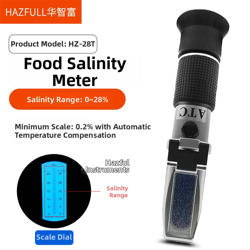 Dispozitiv optic pentru salinitatea apei de mare, pentru apă de mare, salinitate alimentară, saramură și acvacultură; Brand Hazfull; Interval: 0–28‰ și 0–100‰