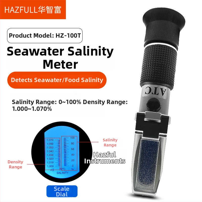 Dispozitiv optic pentru salinitatea apei de mare, pentru apă de mare, salinitate alimentară, saramură și acvacultură; Brand Hazfull; Interval: 0–28‰ și 0–100‰