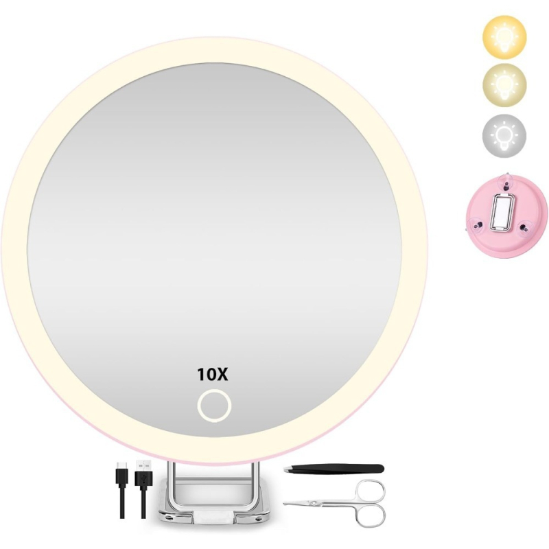 6 hüvelykes LED világítású sminktükör 360°-os forgatható tartóval, 10x/20x/30x nagyítás, borotválkozó tükör